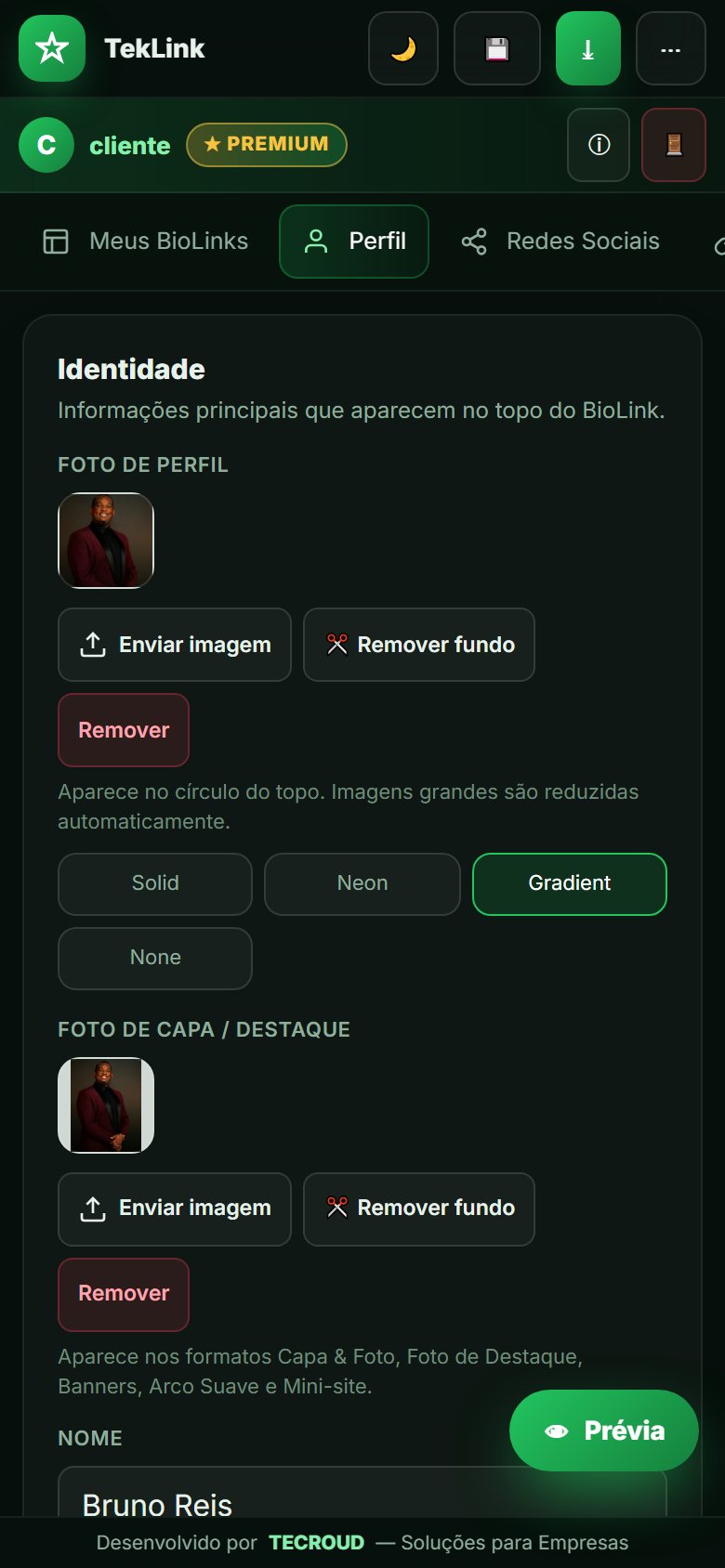 Editor do TekLink no celular